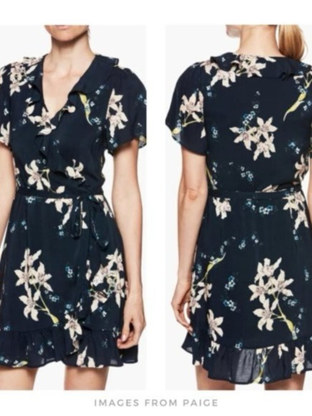 PAIGE Navy Floral Ruffle Wrap Dress with Tie Waist